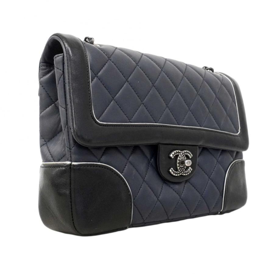 ★SALE 【6dd4856】シャネル ショルダーバッグ マトラッセ Wチェーン ラムスキン ネイビー ブラック シルバー金具【中古】レディース_1