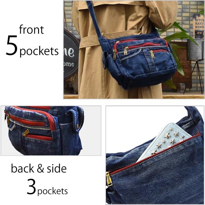 ショルダーバッグ レディース デニムバッグ ショルダー ウォッシュ加工 ポケット多め ポケットたくさん 大人の斜めがけバッグ 【送料無料