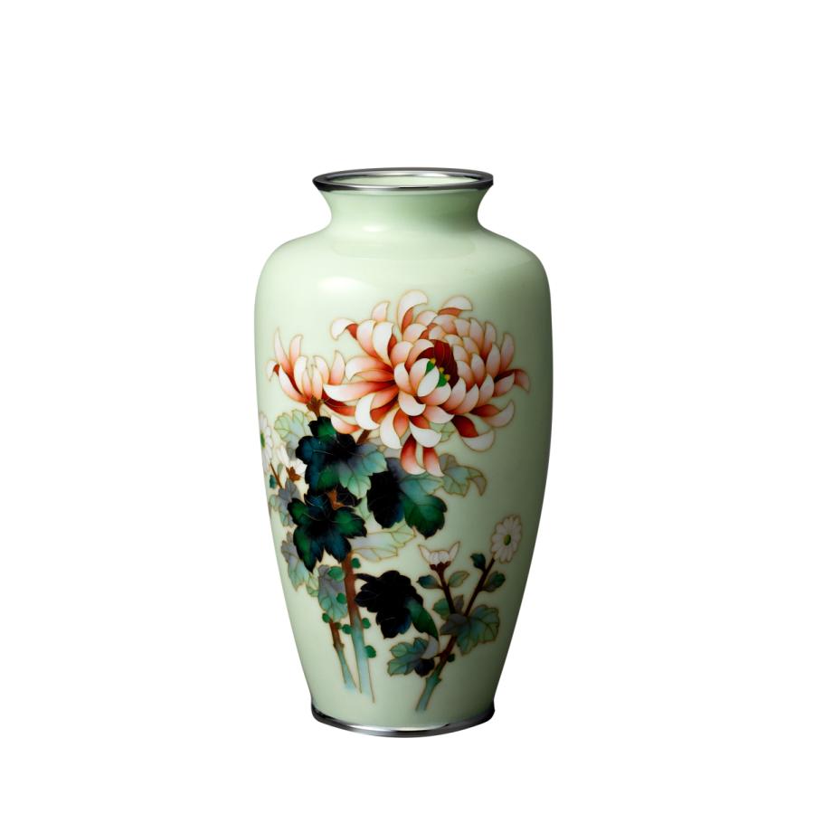 七宝焼　有線　菊　赤透　並形　8号　花瓶　高さ24cm　台座付き　箱付き 菊 有線七宝 8寸（七宝焼 有線 菊 赤透 並形 8号 花瓶 高