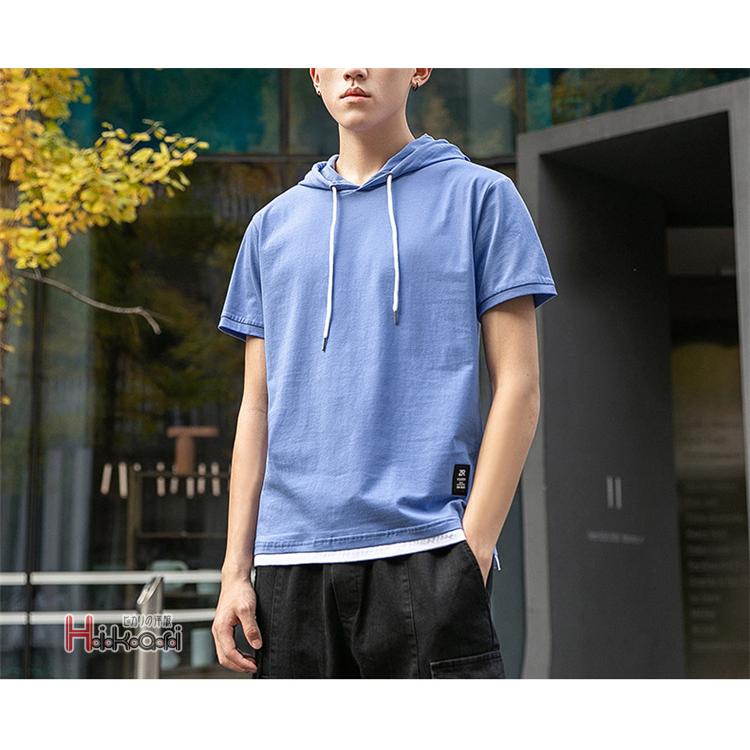 半袖パーカー スポーツパーカー メンズ 夏パーカー フェイクレイヤード スポーツウェア シンプル フード付き 父の日 Ota V Luck 通販 Yahoo ショッピング