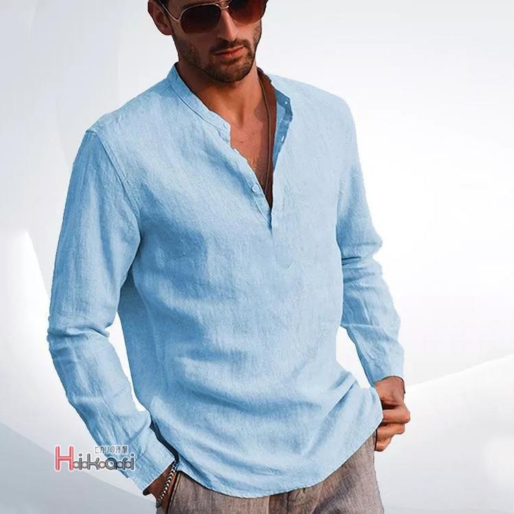 長袖シャツ メンズ カジュアルシャツ 無地 カプリシャツ スタンド