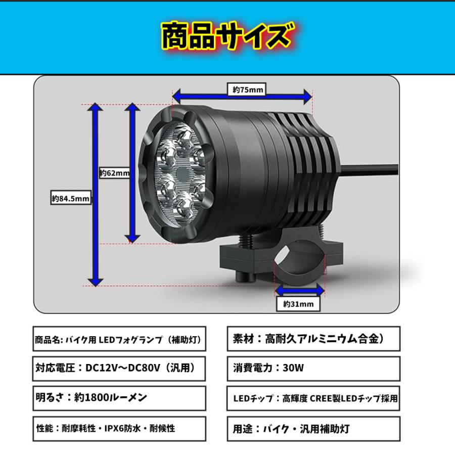 バイク LEDプロジェクター フォグ ランプ 補助 ライト 汎用 30W×2灯 バイク LED フォグランプ 補助灯 スポットライト 作業灯 ワークライト