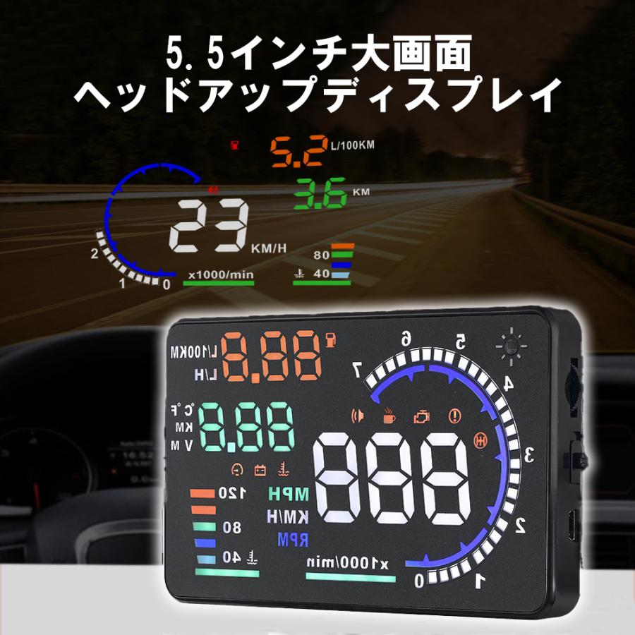 HUD ヘッドアップディスプレイ OBD2対応 5.5インチ大画面 車速計 タコ