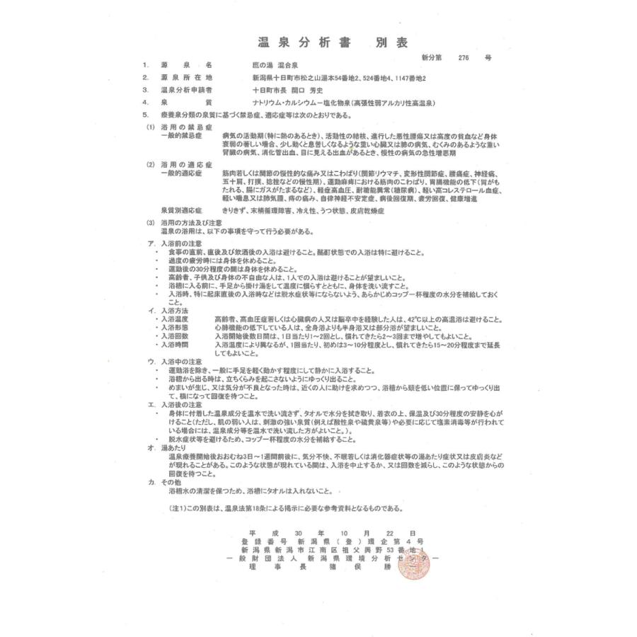 【温泉宅配プレミアム】【松之山温泉20L×2 最高級今治タオル付】【ひなの宿ちとせ】草津、有馬に並び、日本三大薬湯の一つの松之山温泉。泉質と効用:カルシウム |  | 02