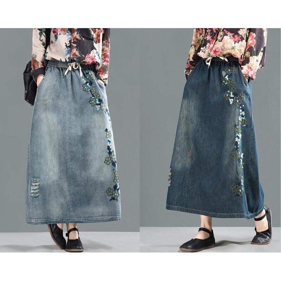 デニムスカート レディースロングスカート森ガール風マキシ丈ボトムス スカート花柄ミモレaライン通勤ハーフスカート刺繍フレアスカート可愛い 全店二点送料無料 妖精の尻尾 通販 Yahoo ショッピング