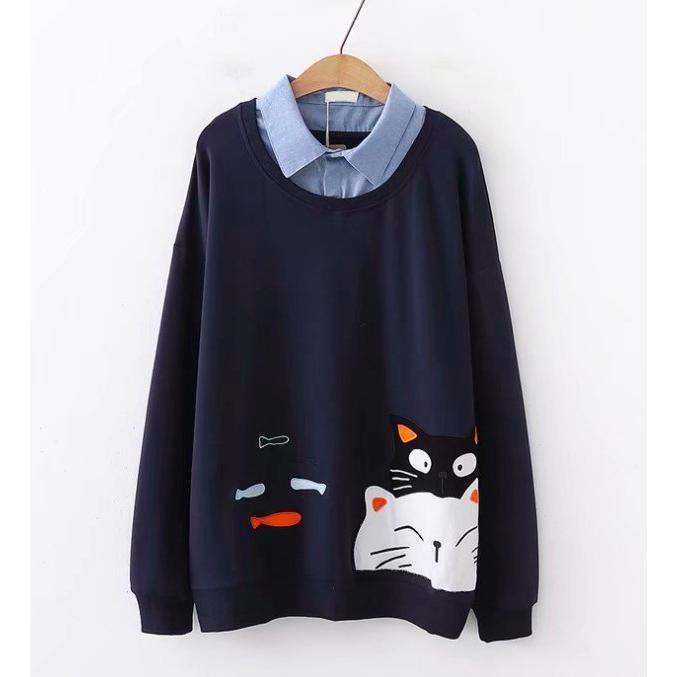 重ね着風パーカー森ガール風プルオーバー お得クーポン発行中 トレーナー猫柄刺繍シャツ襟オリジナル 二点送料無料レディースカジュアルパーカ スウェットトップス ブラウス