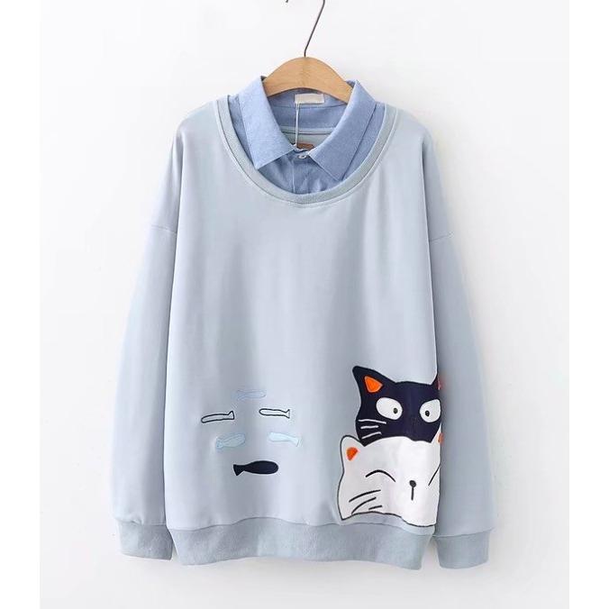 重ね着風パーカー森ガール風プルオーバー お得クーポン発行中 トレーナー猫柄刺繍シャツ襟オリジナル 二点送料無料レディースカジュアルパーカ スウェットトップス ブラウス