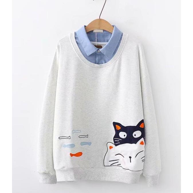 重ね着風パーカー森ガール風プルオーバー お得クーポン発行中 トレーナー猫柄刺繍シャツ襟オリジナル 二点送料無料レディースカジュアルパーカ スウェットトップス ブラウス