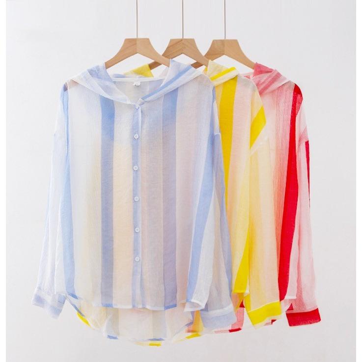 Uvパーカー レディースサマーパーカ ライトアウター夏 フード付ジャケット 二点送料無料uvカット 長袖 ビーチ ゆったり パーカー 紫外線カット ボーダー柄 超可爱の