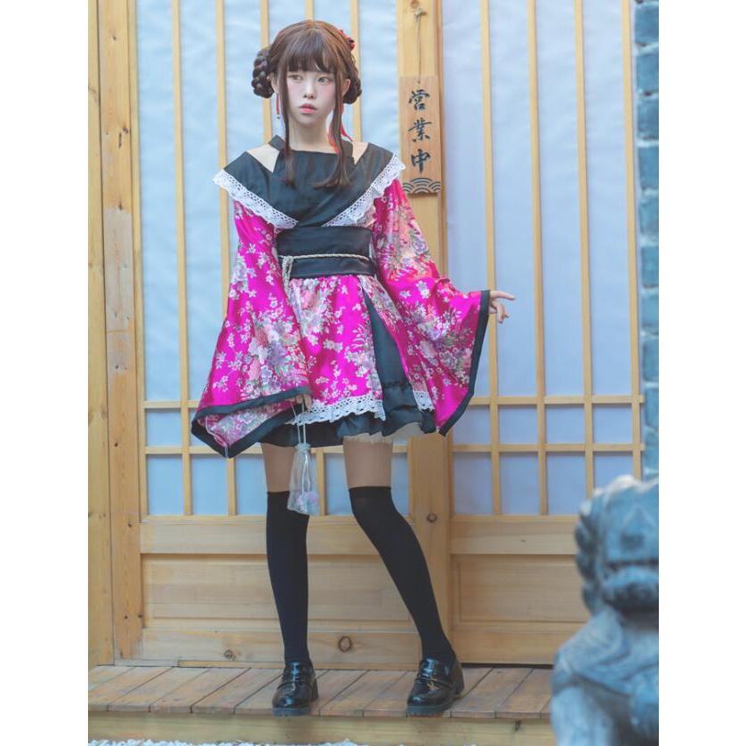 和服 ワンピース ゴスロリ 着物5点セット レディース コスチューム衣装 コスプレ ドレス花見 和装 和風 花柄 ハロウィン仮装 浴衣 大きいリボン全店二点送料無料|otogibanashi|03