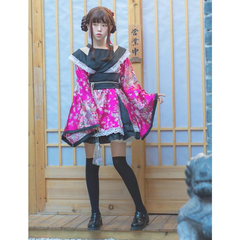 和服 ワンピース ゴスロリ 着物5点セット レディース コスチューム衣装 コスプレ ドレス花見 和装 和風 花柄 ハロウィン仮装 浴衣 大きいリボン全店二点送料無料｜otogibanashi｜03