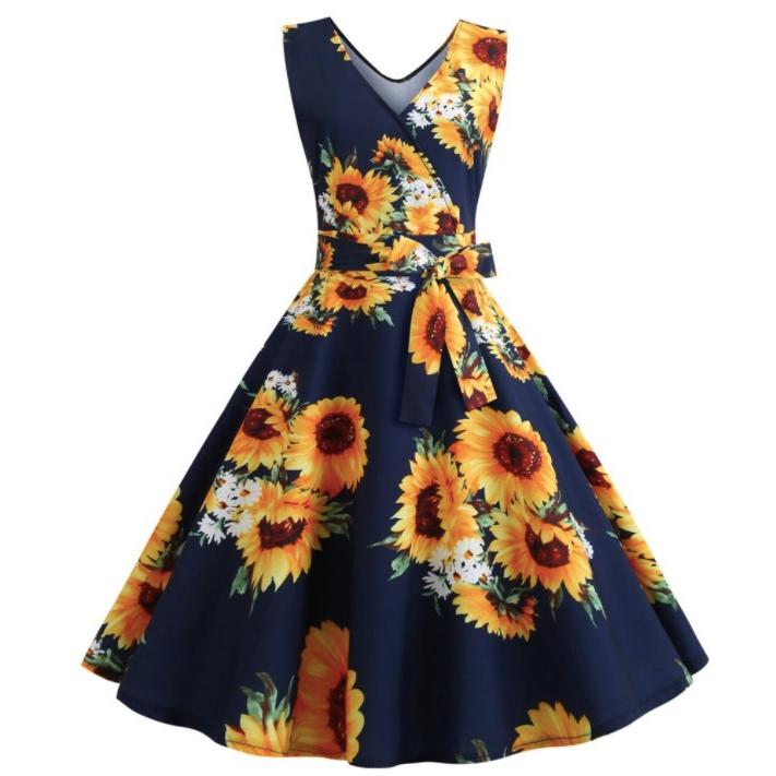 レトロワンピース フォーマルドレス Vネック ノースリーブワンピース ひまわり柄レディースパーティードレス コスプレ仮装ヴィンテージ50年代 全店二点送料無料 N 妖精の尻尾 通販 Yahoo ショッピング