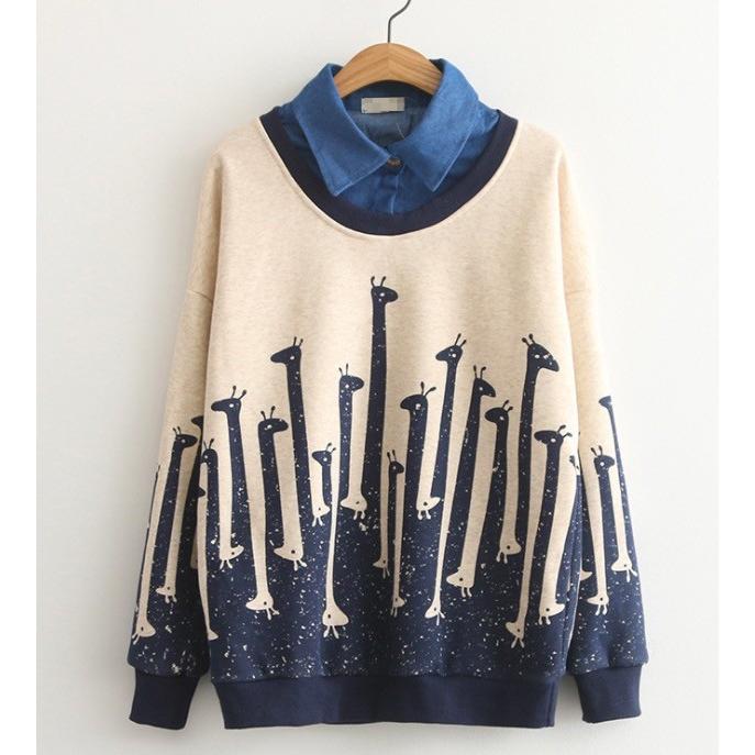 二点送料無料 森ガール重ね着風パーカー レディースシャツ学園風オリジナル デザイン カジュアルパーカ スウェットトップス ブラウス ジラフプリント Q3575 妖精の尻尾 通販 Yahoo ショッピング