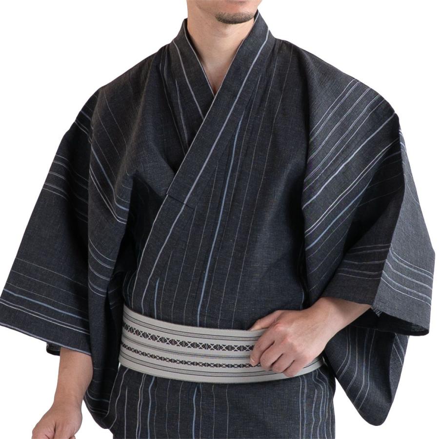 男着物 男性用 夏用 本麻 上布 細縞模様 黒色ｘ灰色 単衣 夏物 仕立て上がり 身丈142cm 【キモノオフ野々市若松店】 男着物 本麻 上布 男性用 紋付着物 丸に違い鷹の羽紋 夏用 黒色 礼装