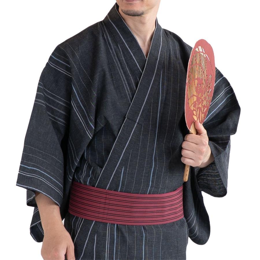 浴衣 メンズ 夏着物 近江ちぢみ綿麻 濃グレー縞 M〜LLサイズ 浴衣単品