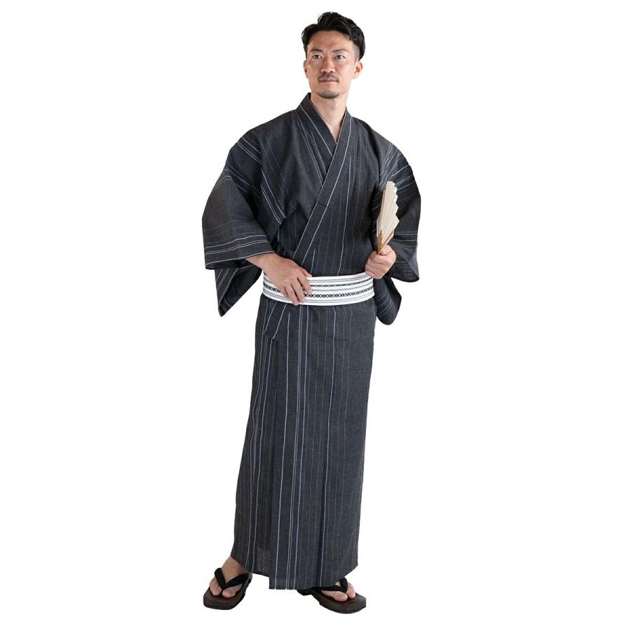 浴衣 メンズ 夏着物 近江ちぢみ綿麻 濃グレー縞 M〜LLサイズ 浴衣単品