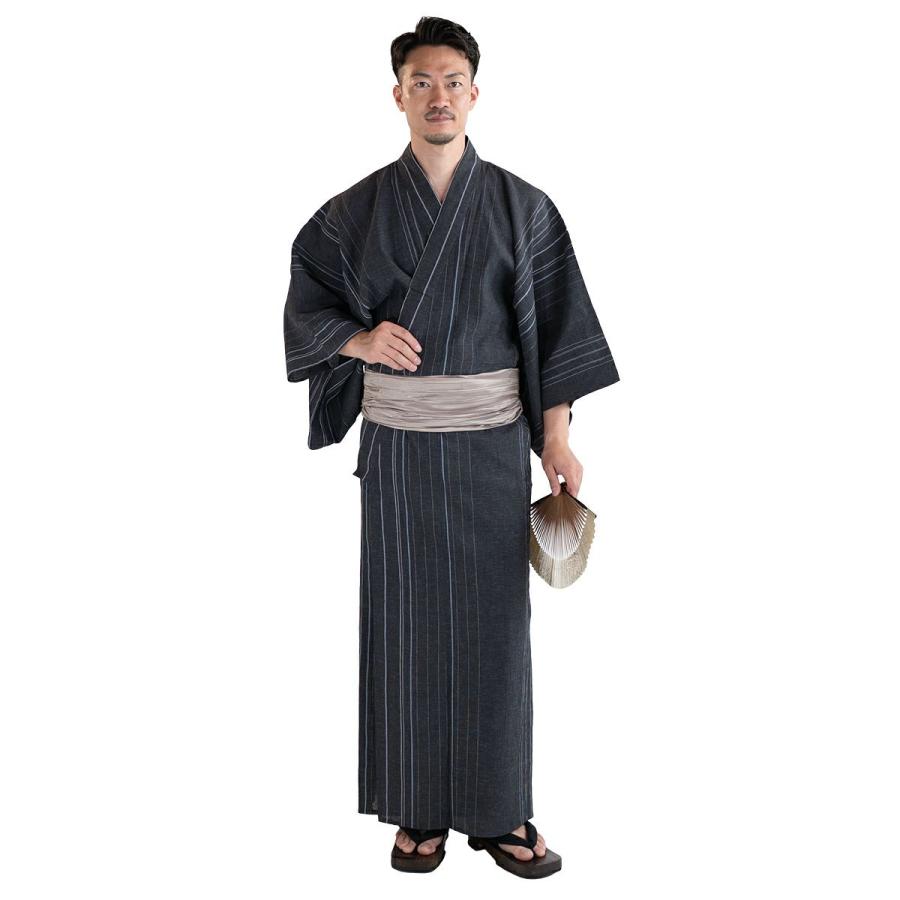 浴衣 メンズ 夏着物 近江ちぢみ綿麻 濃グレー縞 M〜LLサイズ 浴衣単品