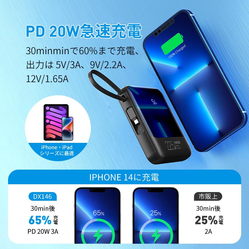 「クーポンで1980円」モバイルバッテリー 軽量 小型 22800mAh 22.5W最速＆5台同時充電 ケーブル内蔵 携帯充電器 防災グッズ iPhone/Android対応 | DeliToo | 14