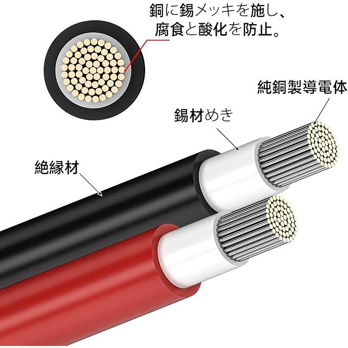 10m 12AWG 高耐久耐候性素材MC4延長ケーブル赤黒2本セット 【耐用年数