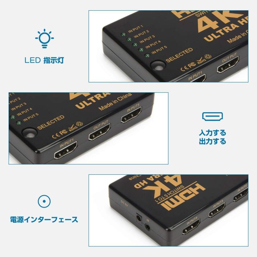 HDMI セレクター 5入力1出力 HDMI 分配器 自動手動切り替え USB給電 リモコン付き 4K?3D PS4、Nintendo Switch 、など対応｜otokurasi｜02