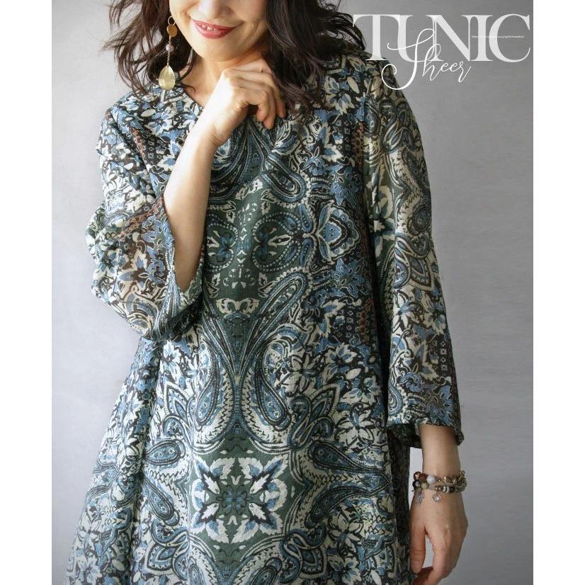 トップス カットソー チュニック レディース グリーン ブルー 春 夏 7分袖 ペイズリー柄 シアー 柄で魅了する 大人目透け感チュニック OTONA 40代 50代 60代 | OTONA | 15