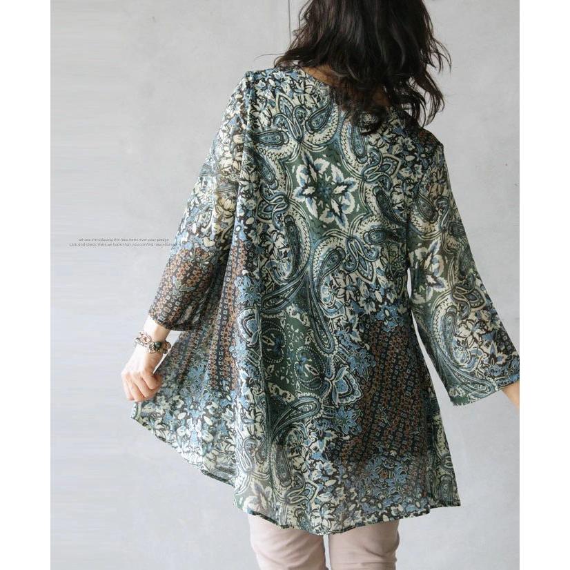 トップス カットソー チュニック レディース グリーン ブルー 春 夏 7分袖 ペイズリー柄 シアー 柄で魅了する 大人目透け感チュニック OTONA 40代 50代 60代 | OTONA | 17