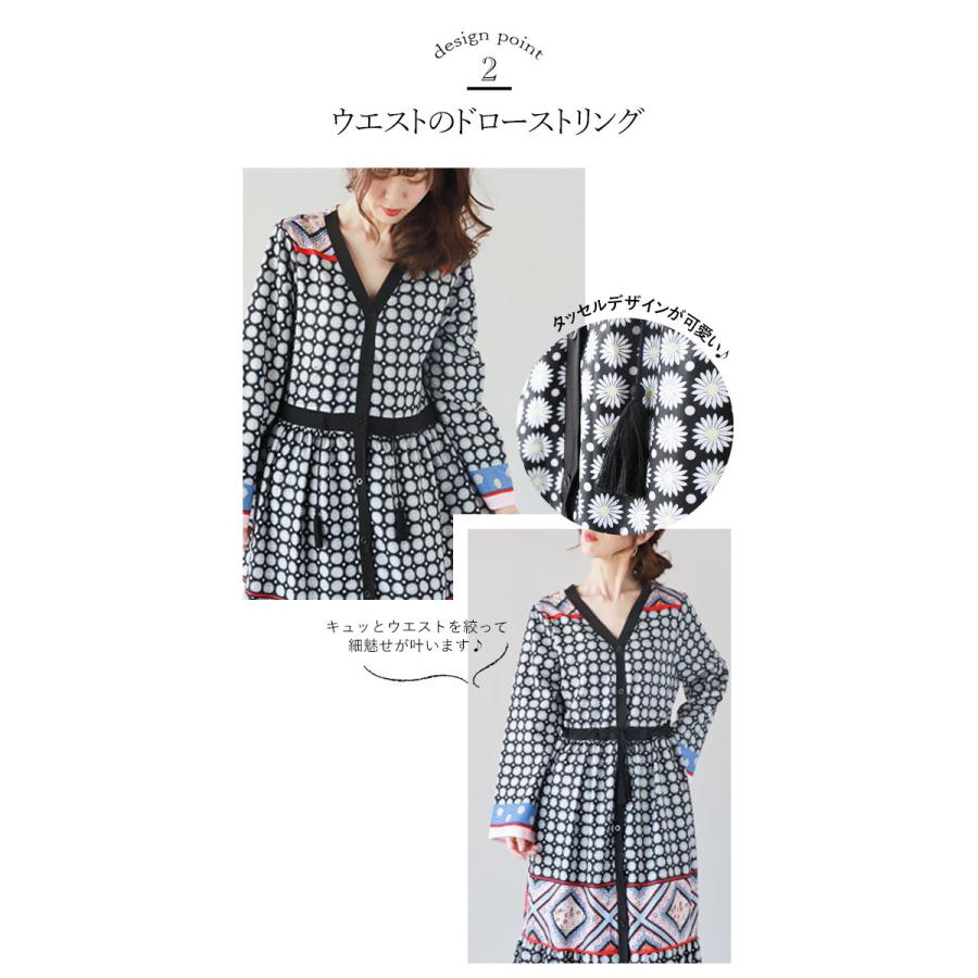 ワンピース 長袖 花柄 ブラック ブルー レッド 可愛らしく 個性的な存在感 マーガレット柄ワンピース ハイウエスト ギャザー Vネック Otona 40代 50代 60代 Tko Otona 通販 Yahoo ショッピング