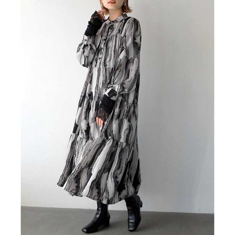 ワンピース レディース グレー ティアード ロング ストライプ 柄  