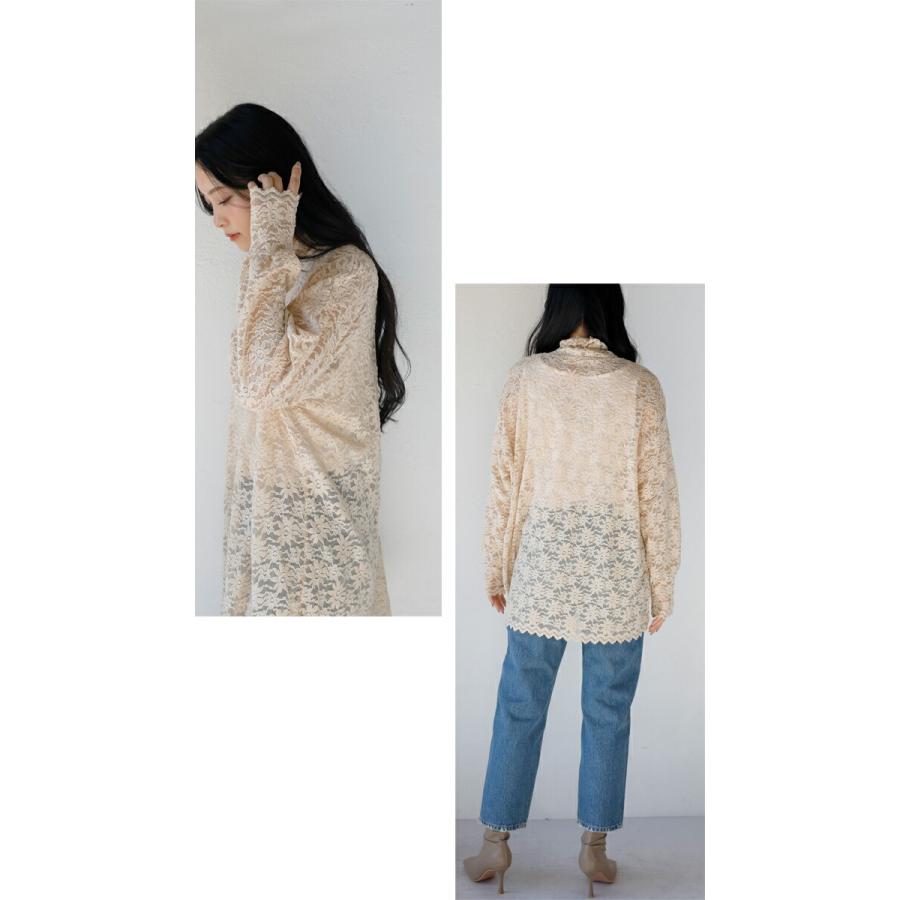 OTONA トップス レディース ベージュ 長袖 ハイネック レース シアー