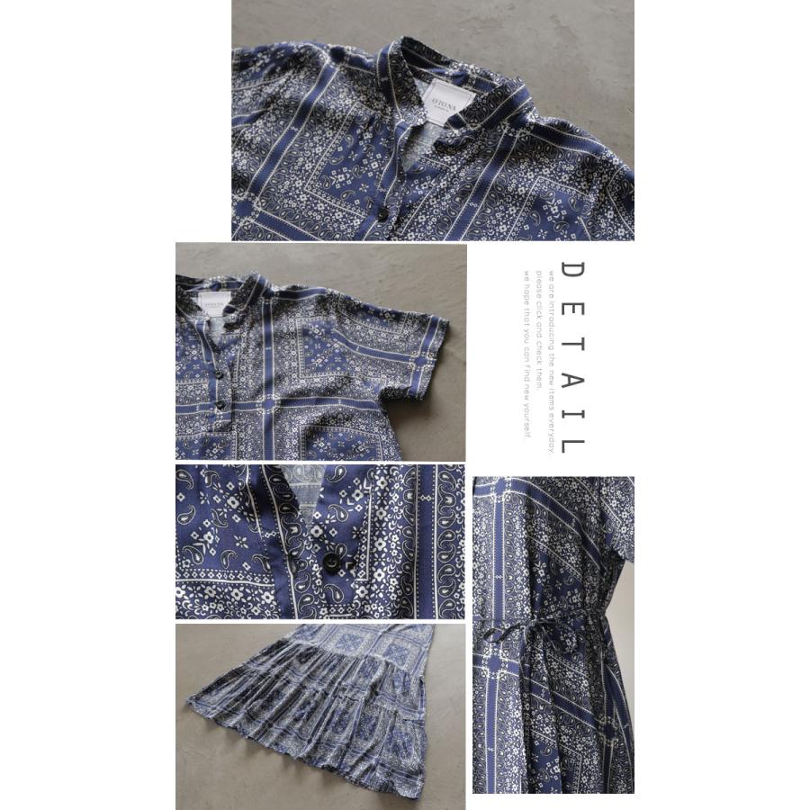 ワンピース レディース ネイビー 半袖 ロング丈 スキッパー ティア?ド ペイズリー柄 涼感 Aライン サラリと着られる柄ワンピ OTONA 40代 50代 60代の画像