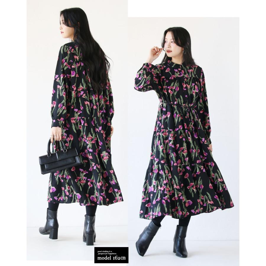 OTONA ワンピース ティアード 花柄 ロング丈 長袖 スタンドカラー