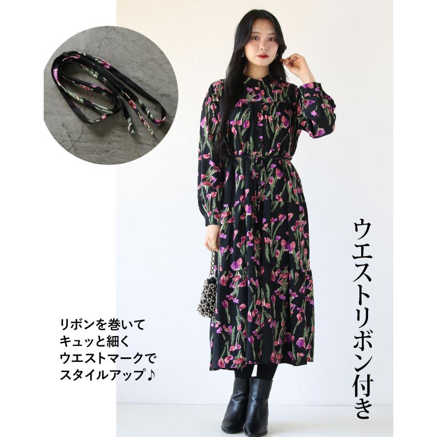 OTONA ワンピース ティアード 花柄 ロング丈 長袖 スタンドカラー
