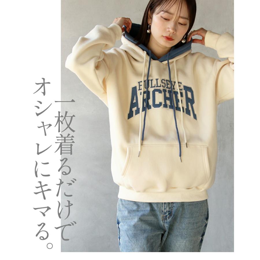 セメント パーカー 裏起毛 レディース きれいめ トップス お洒落 ロゴ 花 セ OTONA トップス パーカー ロゴ 裏起毛 アイボリー 一枚着るだけ 重ね着