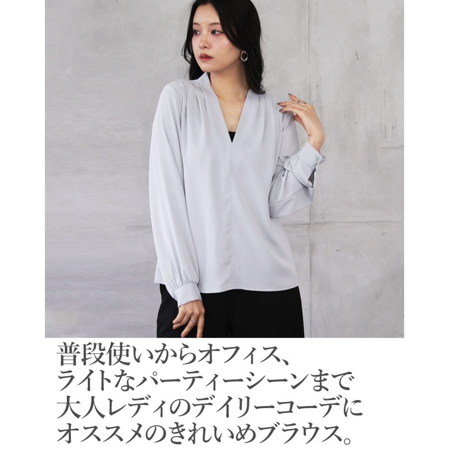 OTONA トップス ブラウス 長袖 シャツ 無地 Vネック すっきり オンオフ