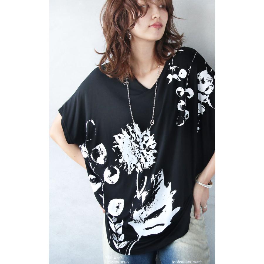 OTONA 極上のとろみ モノトーン柄 ドルマンTシャツ トップス 花柄 半袖