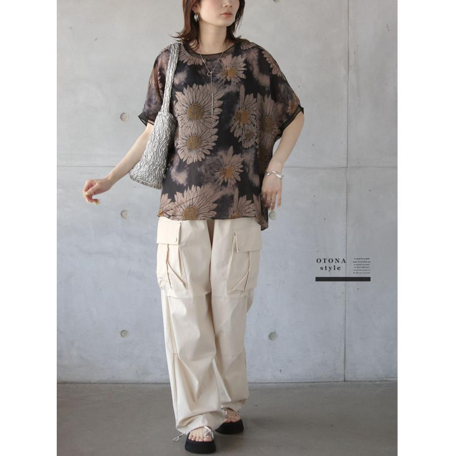 OTONA トップス ブラウス シャツ 黒で凛と花柄を上品に纏う。染め風