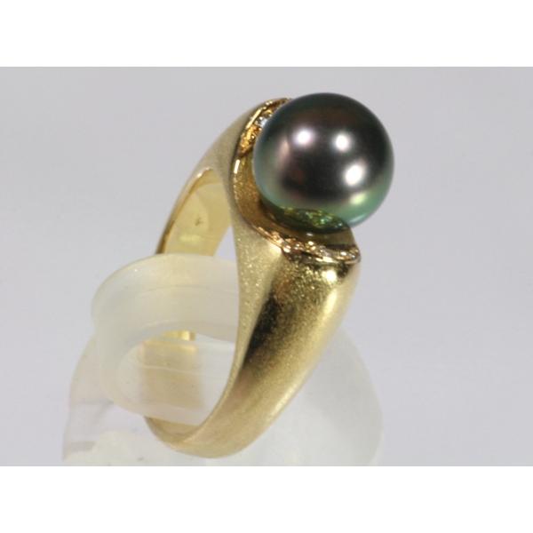 真珠【OTOWA PEARL】 リング 8.9mm 黒蝶真珠 ダイヤ入 K18 手作り 