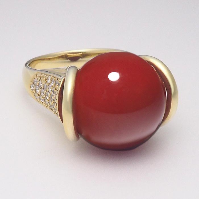 音羽屋□ 珊瑚 サンゴ/15mm ダイヤ/0.51ct K18YG イエローゴールド 