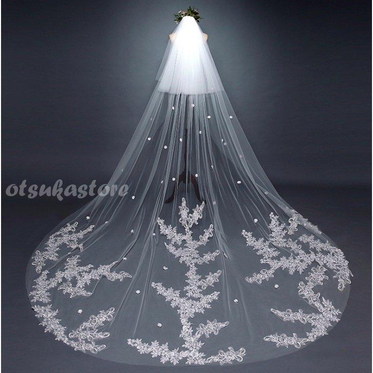 全国組立設置無料 ダウンベール ウエディングベール3m花柄レース刺繍ブライダル結婚式フラワーベール ロングベール花嫁 二次会ホワイト 披露宴ウェディング小物