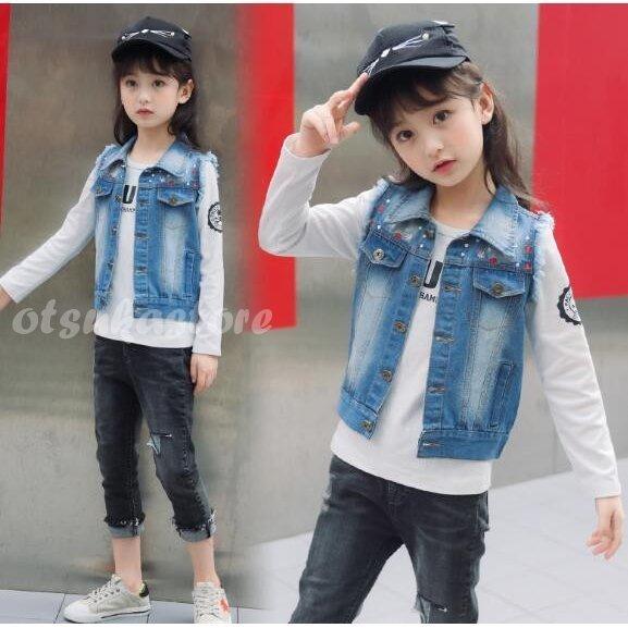 韓国デニムベスト トップス子供服gジャン アウター ダメージ女の子キッズ子どもデニムジャケット チョッキ ライダース ジージャン可愛い刺繍