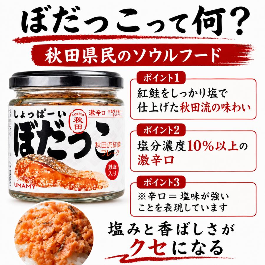 秋田名物 ぼだっこ 紅鮭フレーク 30g しょっぱーい 激辛口 鮭皮入り