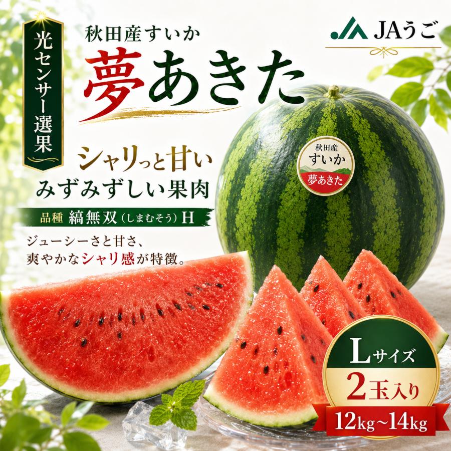 秋田県産 すいか 夢あきた Lサイズ 2玉 12kg〜14kg JAうご 光センサー