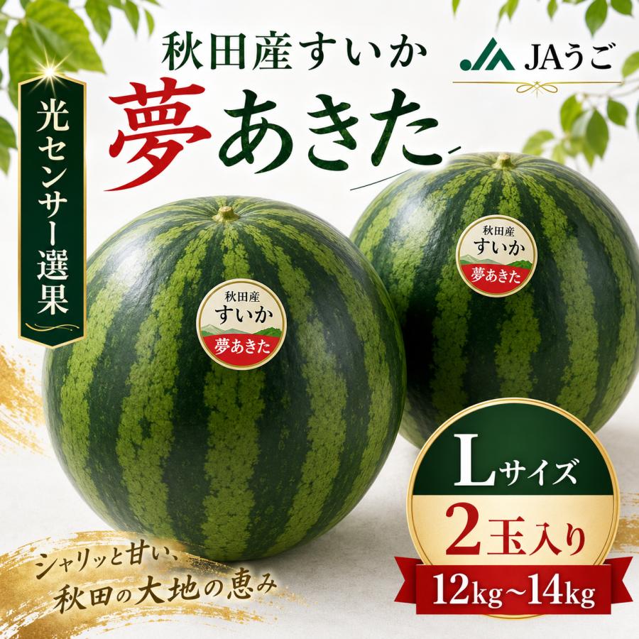 秋田県産 すいか 夢あきた Lサイズ 2玉 12kg〜14kg JAうご 光センサー
