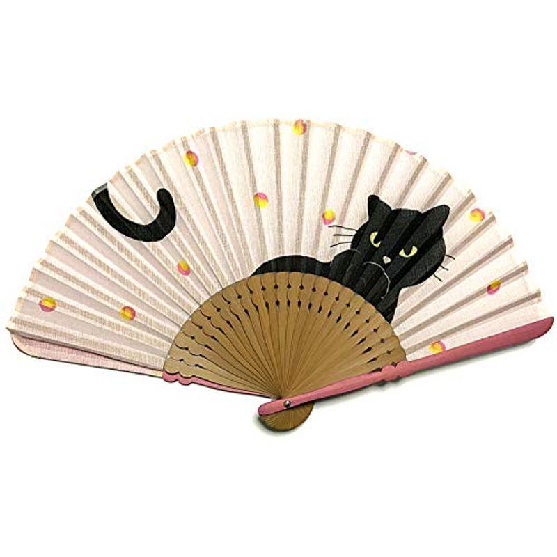 ネコ柄 扇子 レディース 婦人用 扇子セット せんす入れ 扇子袋付き 高級扇子 黒猫 キャンディー 6541 ピンク (ピンク)