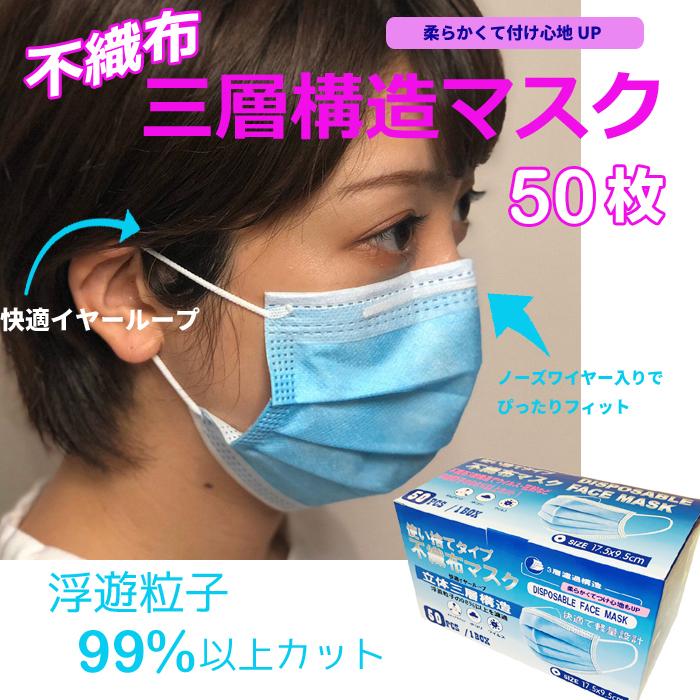 不織布 マスク 50枚 98％以上ウイルスカット 3層構造 不織布