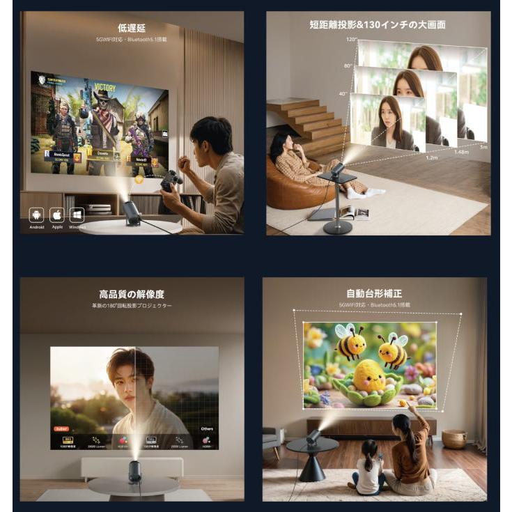 4K対応 プロジェクター 家庭用 小型 軽量 HiFiスピーカー内蔵 天井投影 10000LM 本体 自動台形補正 最大130インチ 5G リモコン Aoudor HY300 |  | 03