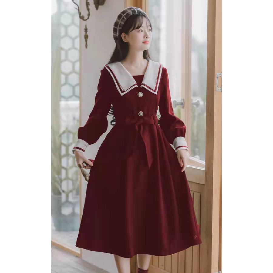 日本 直営 店 Fw生活館のアサルトリリィ 楽器 手芸 コレクション イ P 赤い冬のワンピース 女学院風フランス式の復古の海軍襟の長いスカート腰を収めて小柄な秋と冬の新型赤い冬のワンピース女学院風フランス式の復古の海軍襟の長いスカート腰を収めて小柄な秋
