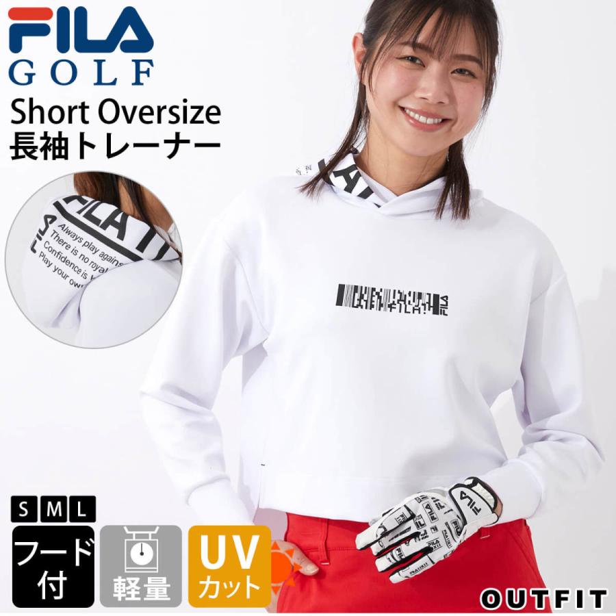 Fila Golf フィラ レディースウエア ゴルフ ゴルフウェア スウェット セーター トレーナー パーカー レディース スウェット フーディー ロゴ 前丈短め Outfit プリント オーバーサイズ スポーツブランド ウェア スリット バッグ Outfit