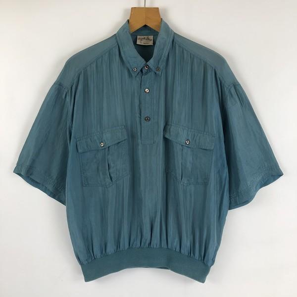 angelo litrico シルクシャツ 無地シャツ ボタンダウン プルオーバー 半袖 グリーン系 メンズM n022742｜outfit-vintage