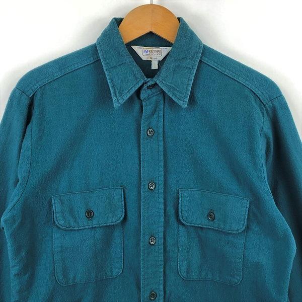 古着 FIVE BROTHER ヘビーフランネルシャツ made in USA 無地 70-80年代 ワッペン付き ヴィンテージ グリーン系 メンズM 中古 n026716｜outfit-vintage｜02